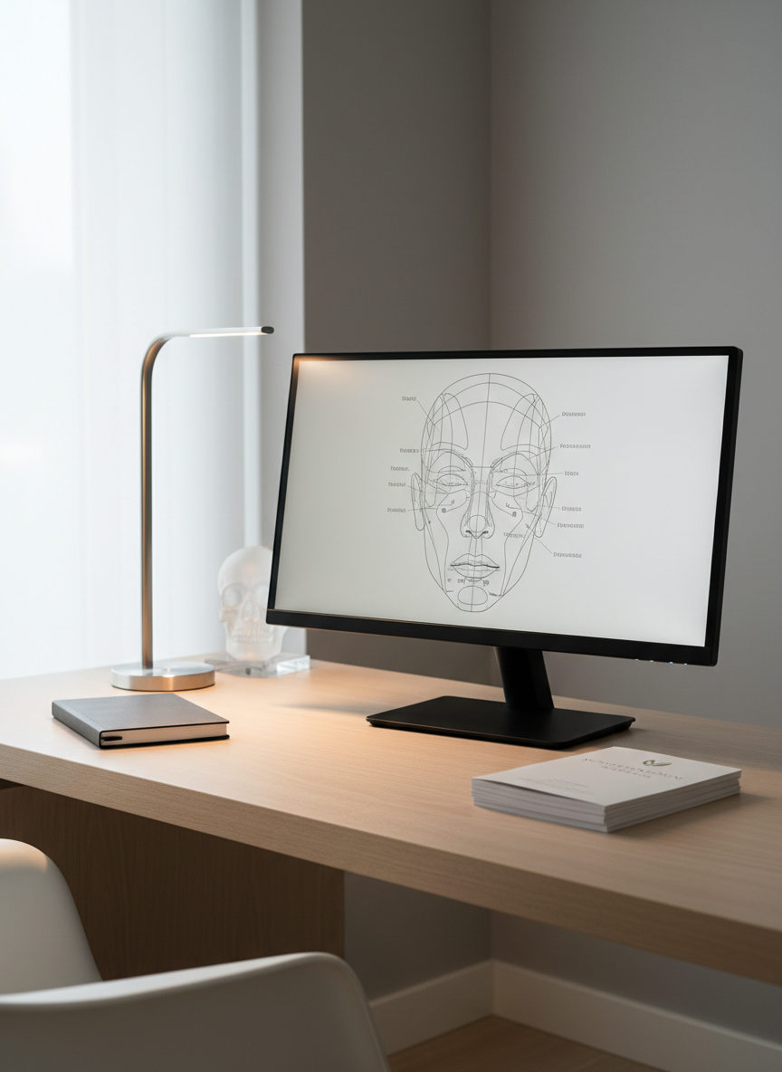 An elegant, minimalist consultation desk in an aesthetic medicine practice, featuring a slim, light-wood tabletop, a modern high-resolution monitor displaying a facial analysis diagram, and neatly arranged clinical brochures about Botulinumtoxin treatments. A subtle, silver-toned desk lamp casts a warm, focused pool of light onto the documents, while soft, natural daylight from a window to the side brightens the neutral grey wall and a discreet anatomical model in the background. The photographic realism showcases impeccably clean surfaces and refined textures, with no clutter. Shot from a slightly elevated angle, the composition emphasizes order and transparency, evoking trust and calm, informed decision-making. The overall mood is serene and professional, reflecting careful, individualized aesthetic consultation without showing any people.