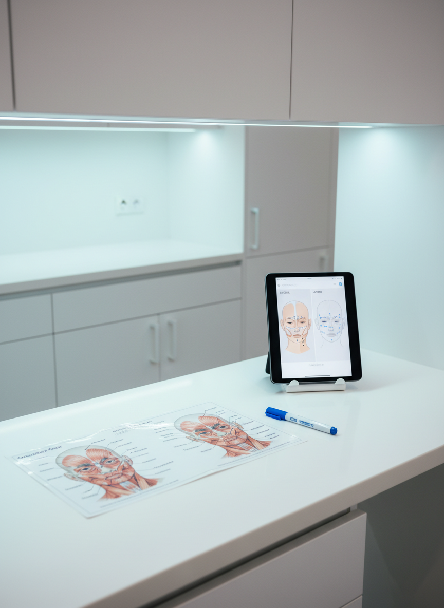 A photographic, detailed depiction of a clinical preparation area dedicated to facial mapping for Botulinumtoxin treatments, showcasing a pristine white countertop with a laminated anatomical facial muscle chart, a fine-tipped, unused medical skin marker, and a digital tablet displaying a before-and-after simulation interface. Subtle, cool-toned LED under-cabinet lighting illuminates the workspace, creating clear, shadow-free visibility over the materials. In the softly blurred background, modular white cabinets with sleek, handleless fronts underscore the minimalist, sterile aesthetic. Captured from a slightly elevated, three-quarter angle, the composition emphasizes tools of precision planning rather than the procedure itself. The atmosphere is analytical, careful, and grounded in medical expertise, visually reinforcing individualized, well-planned aesthetic therapy without showing any human faces or bodies.